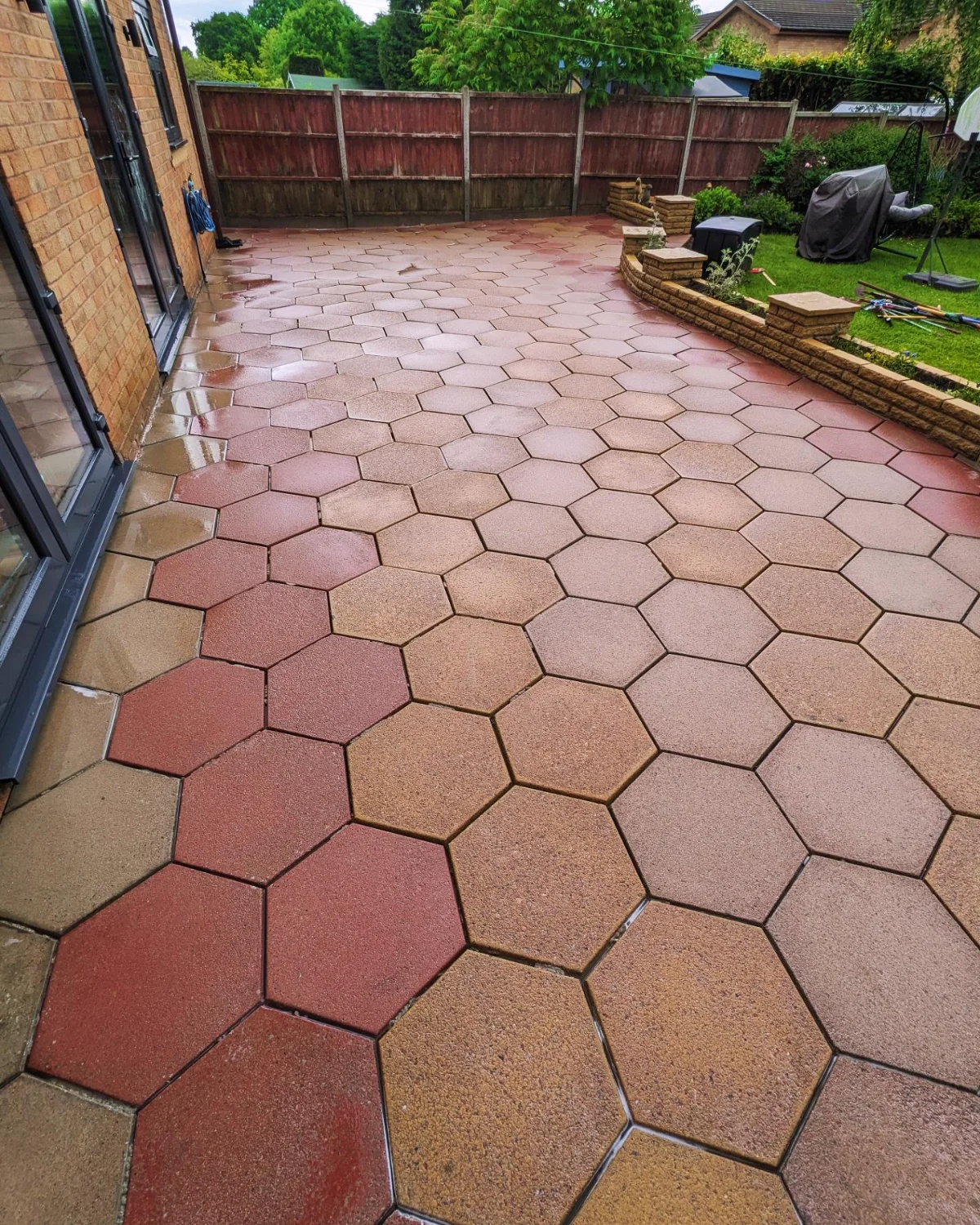Freshly cleaned hexagon-paved patio, Leyland